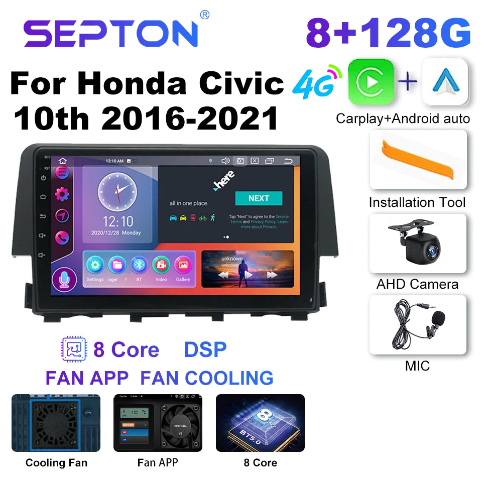 SEPTON Car Radio Stereo Audio for Honda Civic 10th 2016-2021